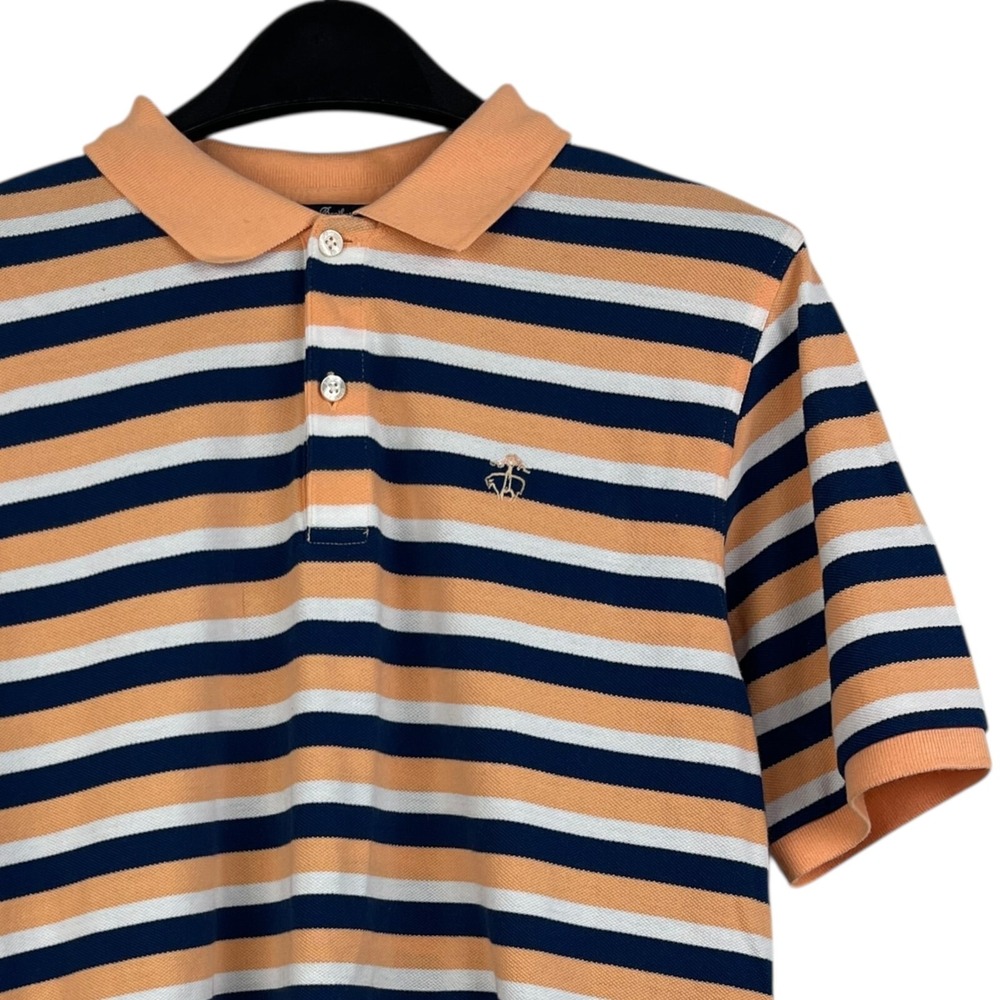 Brooks Brothers Polo Shirt Womens XL Orange Striped Short Sleeve Red Fleece Logo